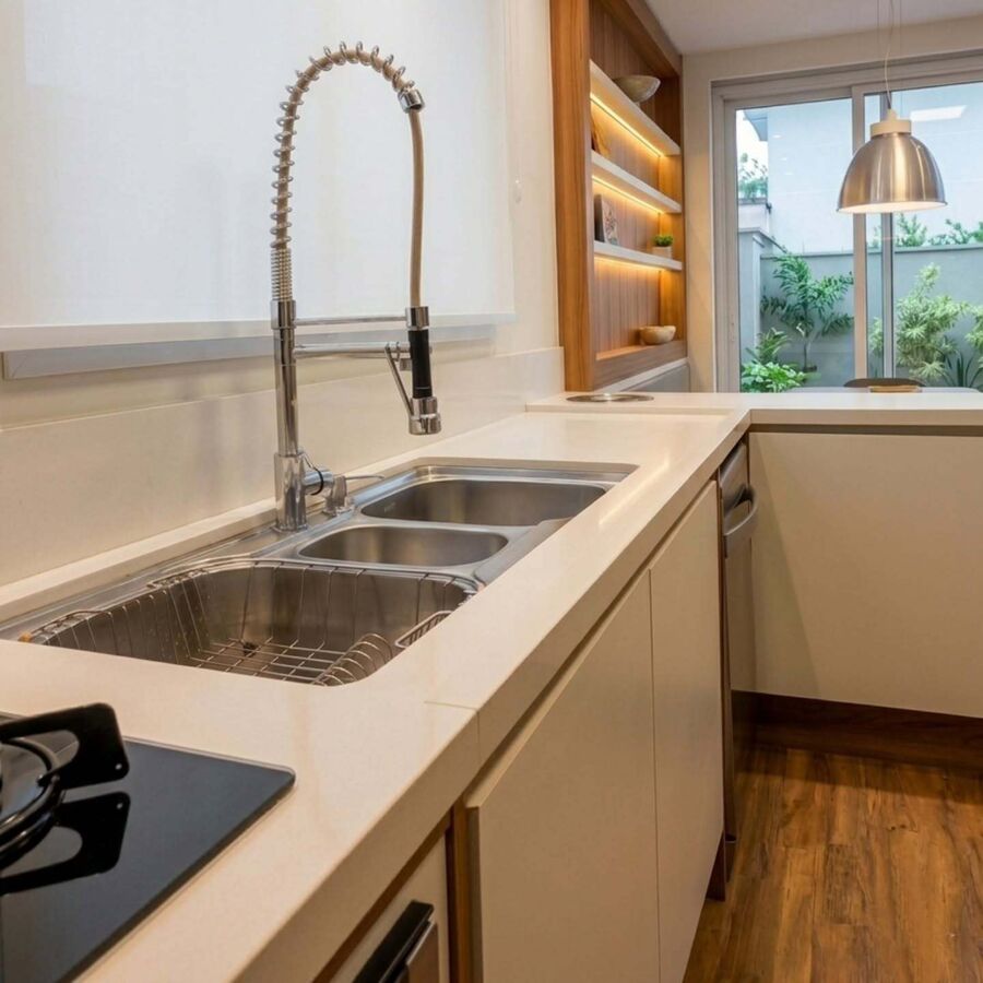 Cozinha com bancada em pedra clara, cuba embutida e cooktop